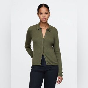 Gap CashSoft Ribbed Polo Cardigan Olive Green Stretch Soft Sweater NWT